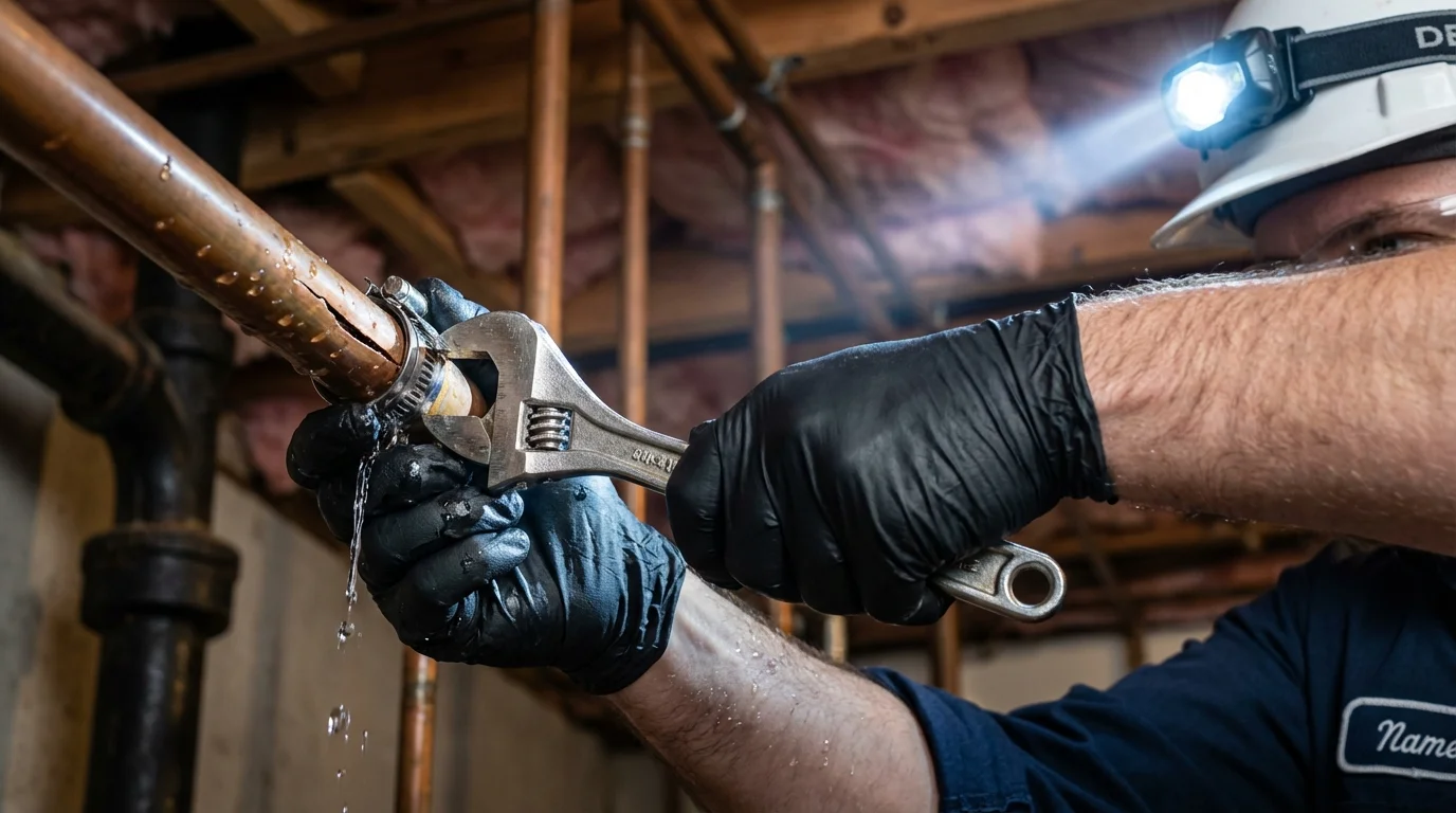 Emergency pipe clamp repair being performed by a Johns Plumbing LLC plumber in Claxton